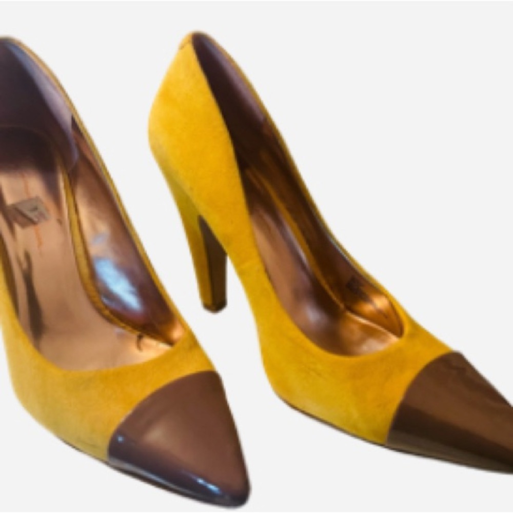 Yellow and Brown Suede Heels with Pointed Toe